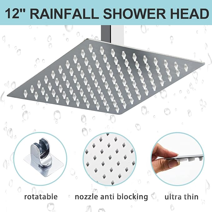 12 Inch Ceiling Mount Shower Faucet Set, Silver Rainfall Shower System with Valve Trim, Square Rain Shower Spray Combo Luxury Shower Fixtures Polish Chrome Shower Head and Handle Set