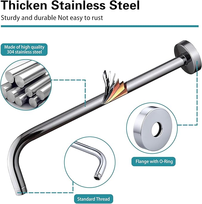 16 Inch Shower Arm with Flange,Stainless Steel 90 Degree Rain Shower Head Extension Arm,Wall-Mounted Shower Head Arm for Fixed Shower Head,Chrome