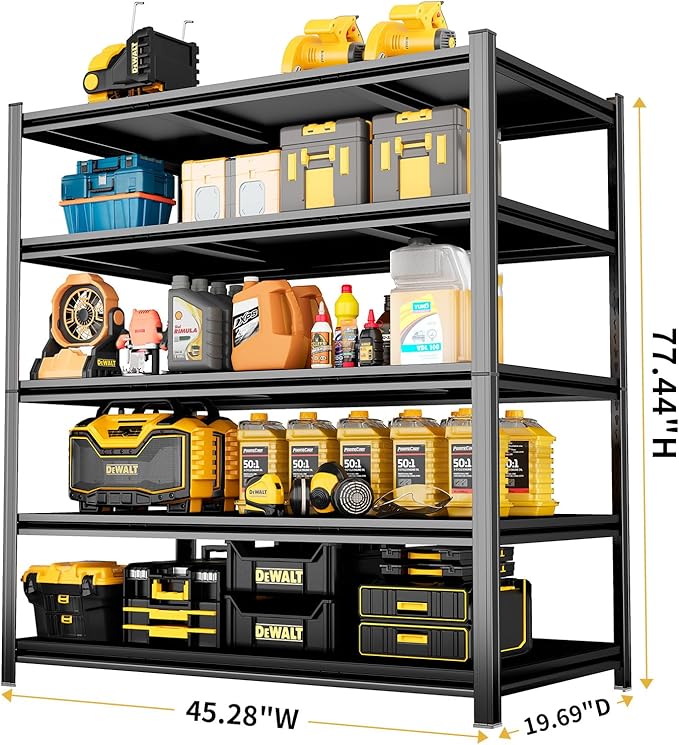 77.5"H*45"W Five-Shelf Metal Garage Shelving Unit Adjustable Storage Shelves Heavy Duty, 3000lbs Capacity, Sturdy Garage Shelf for Organize Tools, Ideal for Bedroom Kitchen Pantry Basement, Black