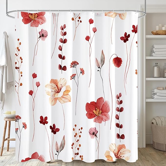 Gibelle Watercolor Floral Shower Curtain, Red Beige Flower Shower Curtain for Bathroom, Modern Minimalist Waterproof Fabric Shower Curtain Set 72x72 Inch
