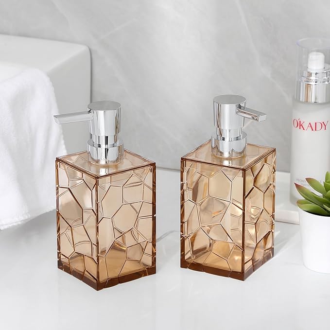 Hand Soap Dispenser, Clear Acrylic Plastic Liquid Pump Bottles Refillable Lotion Dispenser for Bathroom Decor Kitchen College Dorm, Light Brown 2 Pack