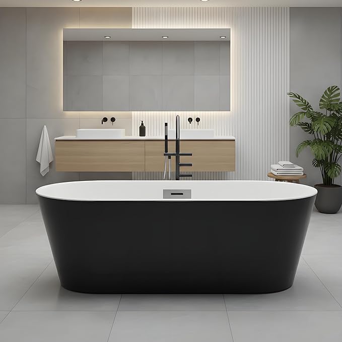 Freestanding Bathtubs 67 Inch Acrylic Freestanding Bathtub – Black & White Free Standing Tub with Chrome Drain & Overflow, Ergonomic Oval Soaker Tub for Family Bathroom