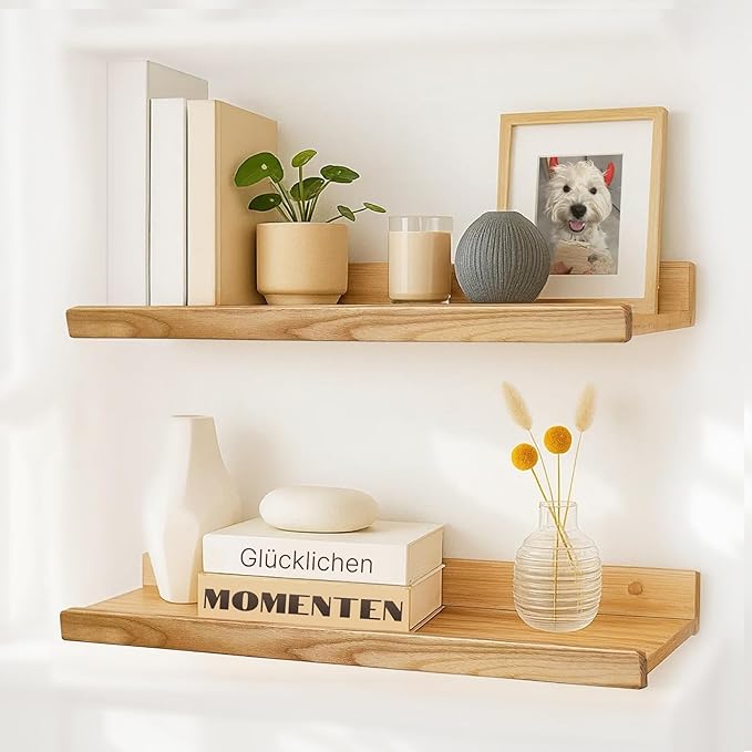 Floating Shelves for Wall 24 inch, Waterproof, Wall Storage Shelves with Lip, Display Picture Ledge Shelf for Living Room Photo Frame, Natural Wood Hanging Book Shelves (Natural, Set 2)