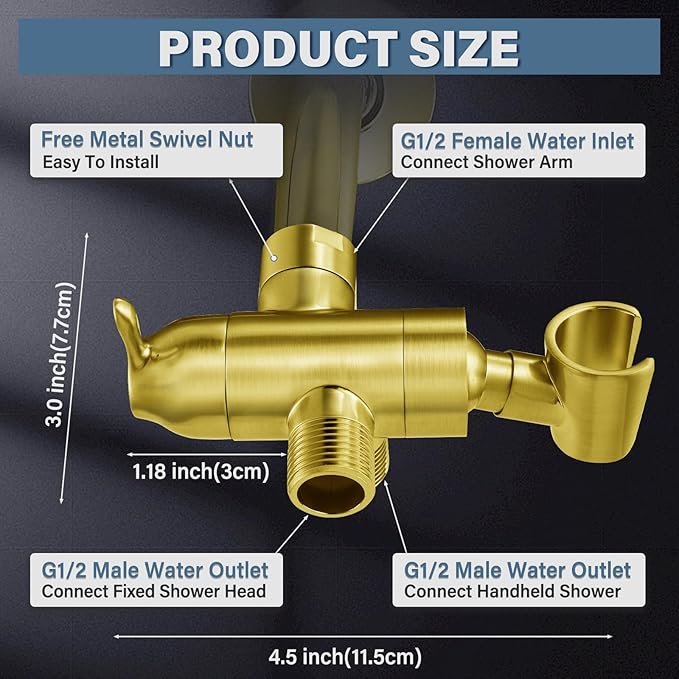 Metal Shower Arm Diverter with Handheld Mount, G1/2" 3-Way Shower Diverter Valve Bathroom Universal Showering System Replacement for Handheld Wand and Fixed Sprayer, Brushed Gold