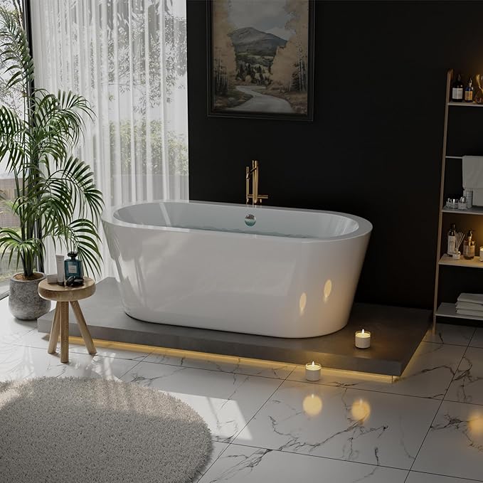 Empava 59"Freestanding Bathtub, Luxury Acrylic Soaking Tub with Drain and Overflow, Modern Stand Alone Design, Glossy White,cUPC Certified