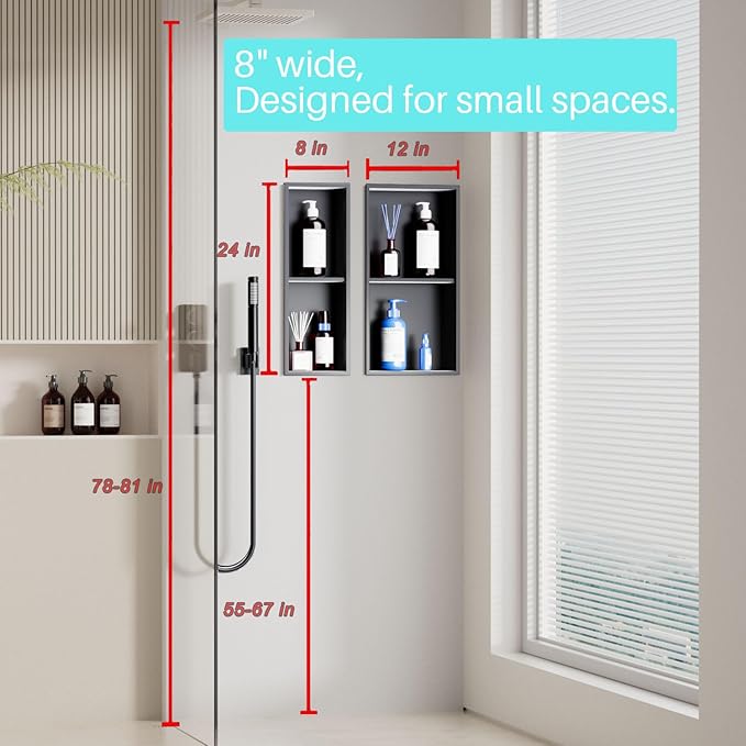 Narrow Shower Niche for Tiny Bathroom Storage, No Tile Needed,Recessed Wall Niche, Double Shelves, Stainless Steel, (Black, 24 * 8 in)