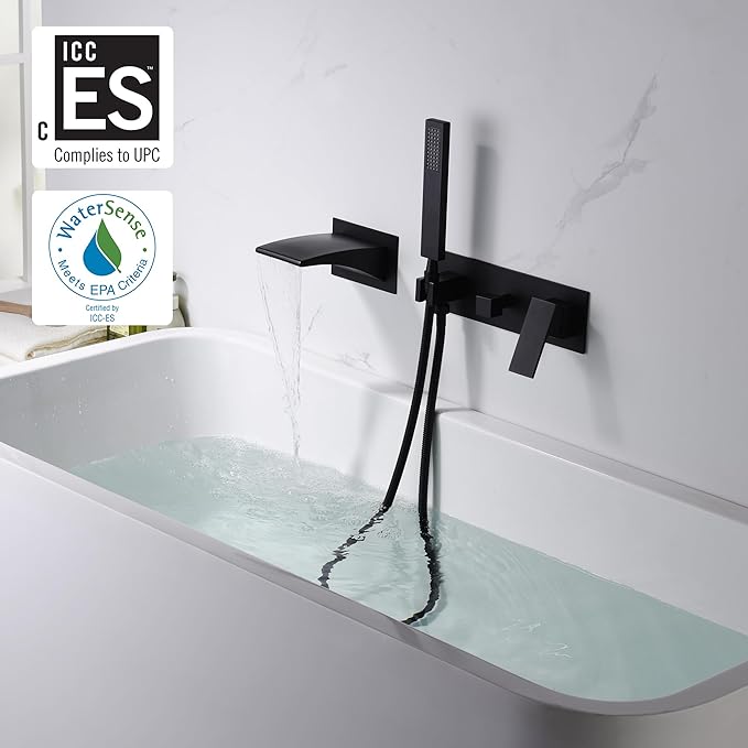 sumerain Bathtub Wall Faucet Matte Black with Waterfall Spout and Hand Shower, High Flow