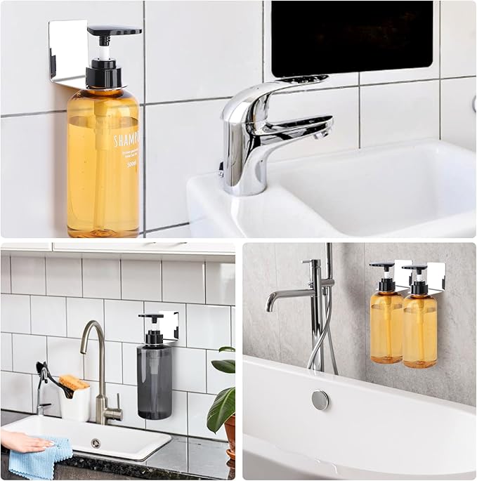 Segbeauty Stainless Adhesive Shampoo Bottle Holder, Dia 1.3inch 3.3cm Non-Drill Soap Dispenser Holder Set Silver, 3pcs Rustproof Shampoo Holder for Shower, Bottle Wall Mounted Rack for Toilet Kitchen