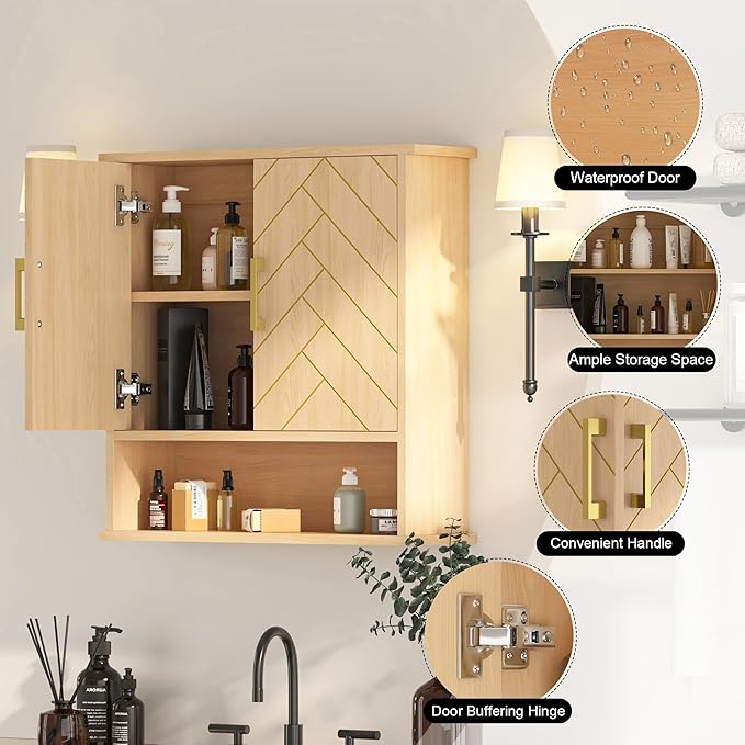 Natural Chevron Pattern Bathroom Wall Mount Cabinet, Gold Accent Hanging Medicine Cabinet with Open Shelf, Over The Toilet Storage Organizer for Home (23 5/8" x 22 7/8" x 15 3/4")