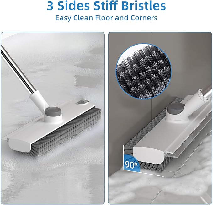Scrub Brush with Long Handle, Floor Scrub Brush Squeegee Broom for Cleaning, 3 in 1 Shower Scrubber Floor Broom Squeegee for Concrete Tile Wall Deck Patio White