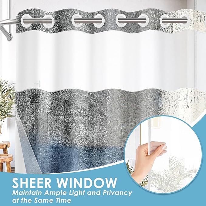 No Hook Blue Grey Painting Shower Curtain with Snap in Fabric Liner Set, Gray Abstract Double Layers Waterproof Fabric with See Through Top Window Open Grommet Bath Curtain 71x74 Inch