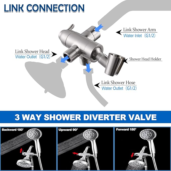 Shower Arm Diverter with Handshower Mount, G1/2 Brass Shower Diverter Valve Bathroom Universal Shower System Replacement for Handheld Shower and Fixed Shower Head, Brushed Nickel