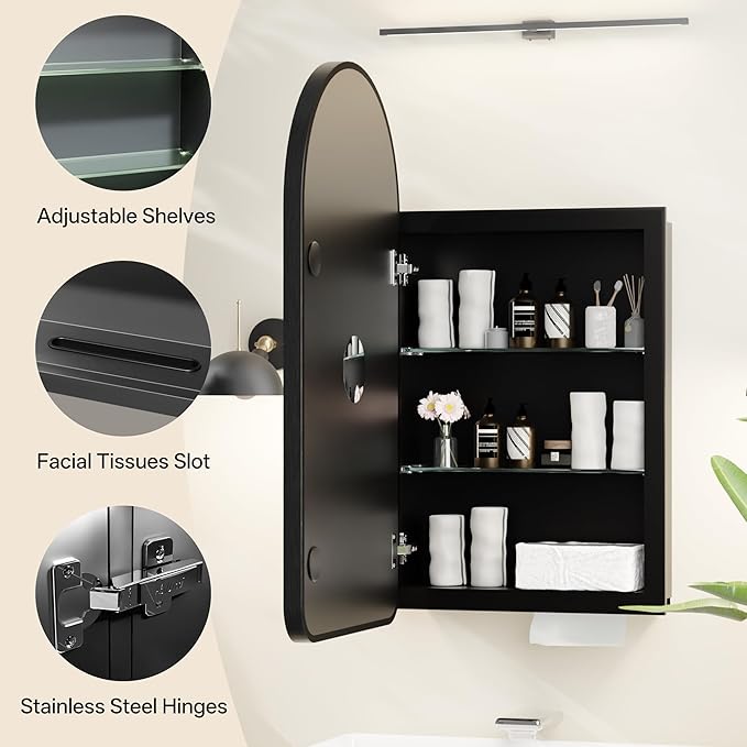 Arched Bathroom Medicine Cabinet with Mirror, No Assembly Needed, Recessed or Surface Mount Wall Storage Cabinet, Mirror Cabinet with Tissue Slot & 2X Magnifying Mirror (Black, 29.5"L x 15.7"W)