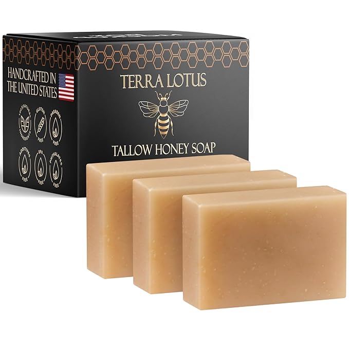 Organic Tallow Soap with Organic Castor Oil & Raw Honey - Relief for Dark Spots, Acne Marks, Hydrating & Nourishing - 3 Pack (Citrus)