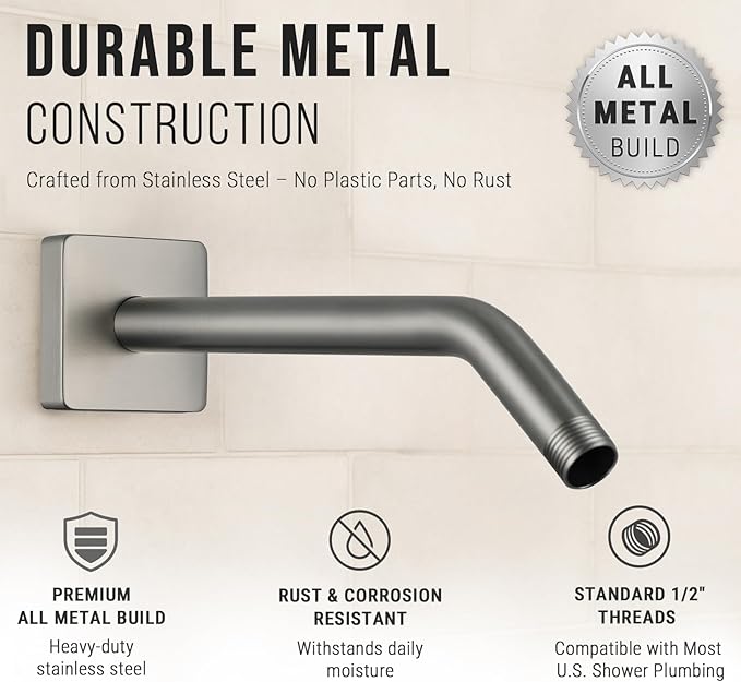 G-Promise All Metal 10-Inch Shower Arm with Flange, Wall-Mounted Stainless Steel Shower Pipe Replacement for Fixed and Handheld Shower Heads, Brushed Nickel