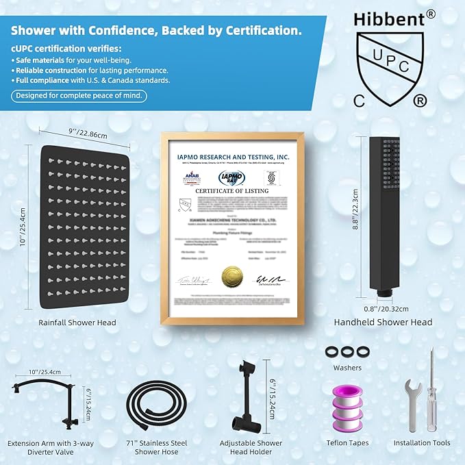 Hibbent All Metal CUPC Certified 10'' Rainfall Shower Head, Dual Shower Head Combo, High Pressure Handheld 4 Sprays Shower Wand, 16'' Adjustable Extension Arm, 71'' Hose, Shower Holder, Matte Black