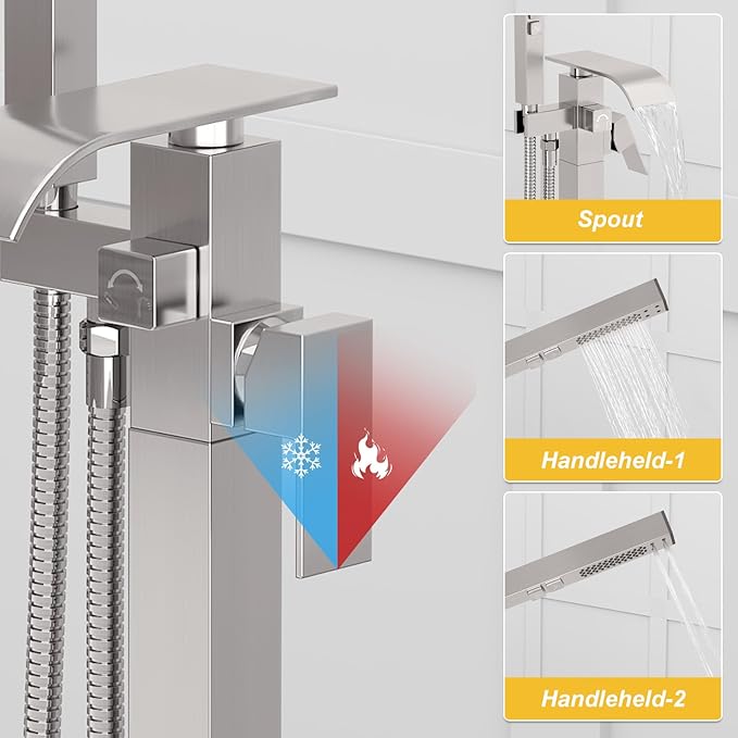 BESy Tub Filler Freestanding Bathtub Faucet Brushed Nickel Floor Mount Tub Faucet Waterfall Free Standing Bathtub Filler High Flow Brass Bath Shower Faucets with Handheld Sprayer