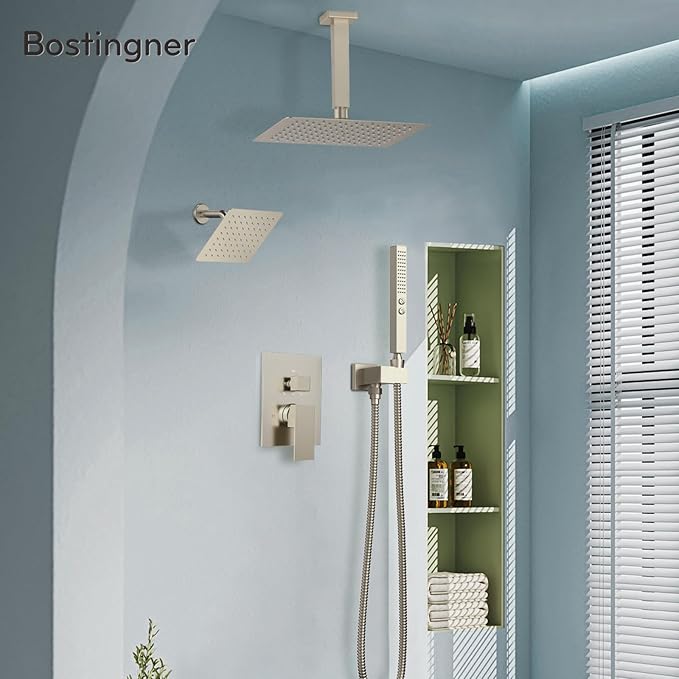 Shower Faucet Set Brushed Nickel Shower System,Bostingner Five Function Diverter Shower Faucet with 2 in 1 Handheld,10'' Ceiling Mount and 6’‘ Wall Mount Shower Head Rainfall Shower Set with Valve