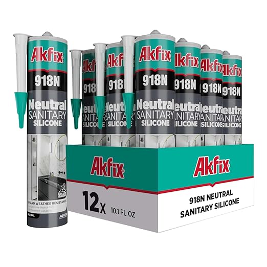 Akfix 918N White 100% Silicone Caulk for Kitchen and Bathroom (12x10.5 fl.oz.) - Solvent-Free, Low Odor, UV & Water Resistant, Fast Curing, Paintable, High Elasticity Silicone Sealant | White, 12 Pack