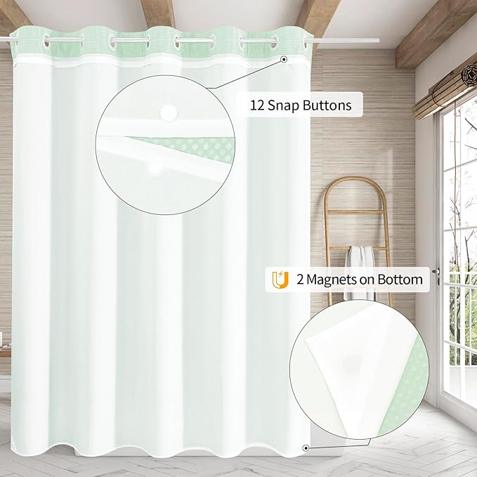 MitoVilla No Hooks Needed Green Waffle Shower Curtain Liner Set, Modern Waffle Weave Heavy Duty Fabric Cloth Shower Curtain with Snap-in Liner for Luxury Neutral Hotel Spa Bathroom Decor