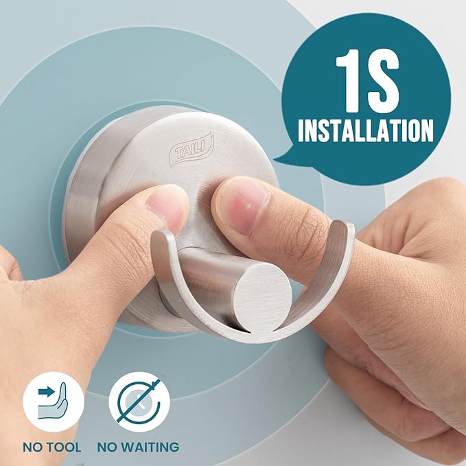 TAILI Stylish 304 Stainless Steel Bathroom Suction Hooks for Towel, Bathrobe, Loofah, No Damage Hanging Glass Shower Wall Hook, Patented Strong Suction Cup Holder, Hold Up to 11 Lbs, U-Cylinder Silver