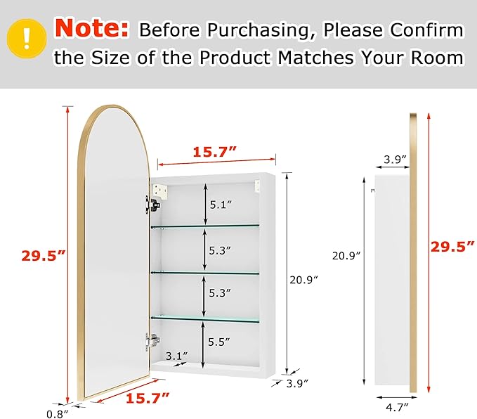 FKWin Arched Medicine Cabinets with Mirror, Bathroom Mirror with Storage, Aluminum Alloy Bathroom Cabinet, Modern Bathroom Wall Cabinet with 3 Adjustable Shelves, Not Recessed, 29.5"x15.7", Gold