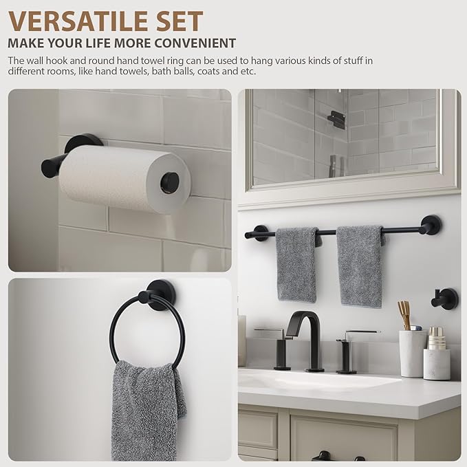 Matte Black Bathroom Hardware Set 4 Piece Towel bar Set,Towel Rack for Bathroom Wall Mounted Adjustable Expandable 24 inch Towel Holder Robe Hook Towel Ring Toilet Paper Holder