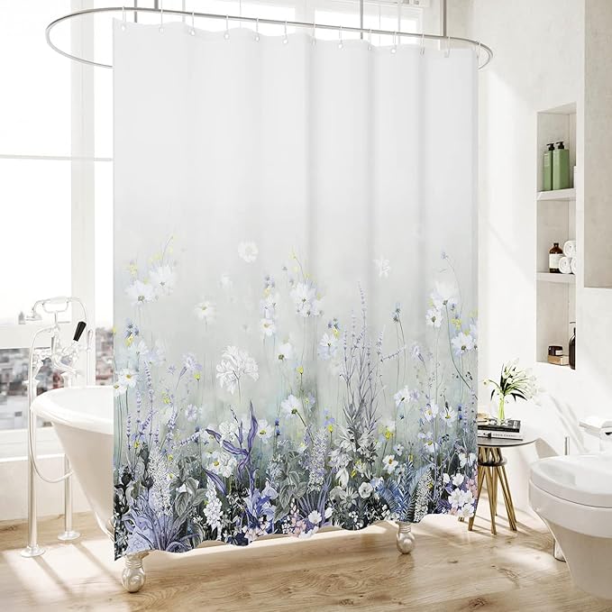 Bohemian Shower Curtain, Boho Floral Print Water Repellent Polyester Fabric for Bathroom Decor, 72×72 Inch Standard Size with 12 Hooks, Also as Room Divider