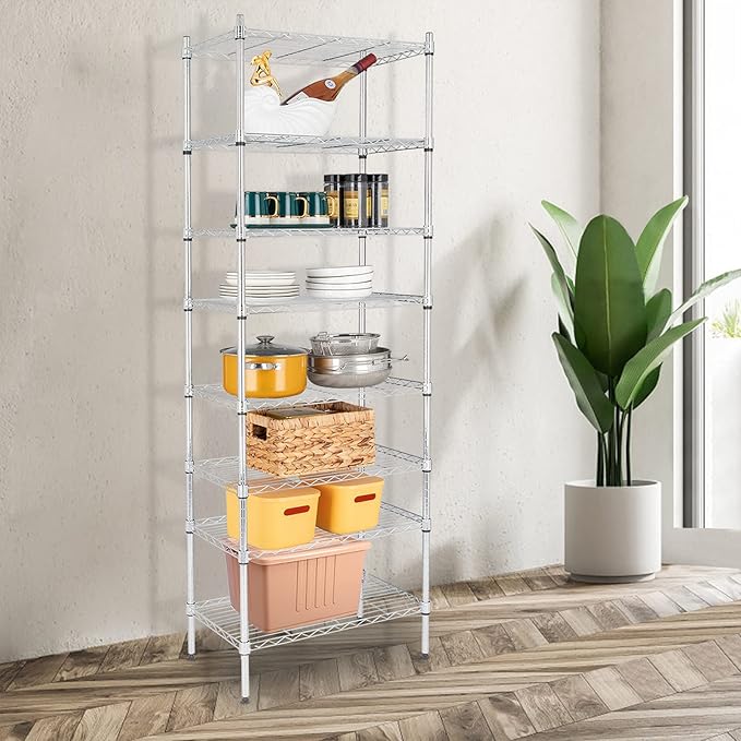 8 Tier Storage Racks Shelving, Heavy Steel Pantry Shelves, Adjustable Wire Shelving Rack, Suitable for Garage, Kitchen, Bathroom, Office, 24" W x 14" D x 71" H, Chrome
