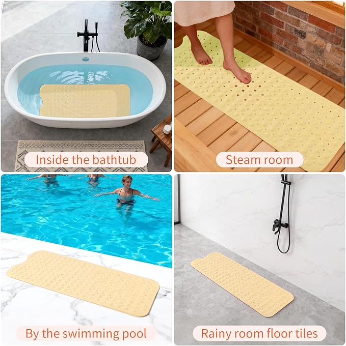 Anti-Slip Bathtub Shower mat, 39.3×15.7 inch（Approximately 100 × 40cm） Soft Oversized Machine Washable Non-Slip Bathtub mat with Drainage Holes, Bathroom Floor Suction Cup.（1-Opaque Light Yellow）