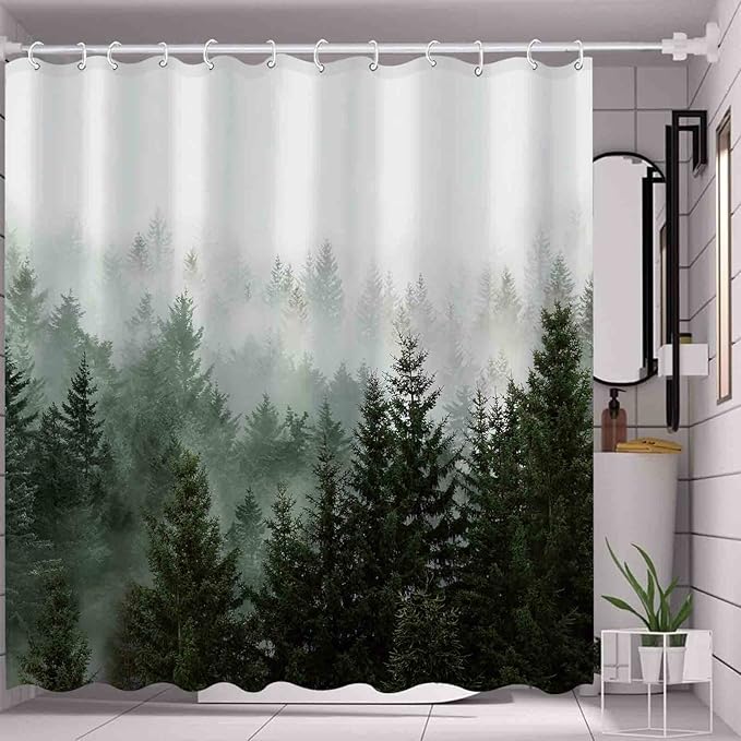 Aipon Green Misty Forest Shower Curtain Nature Tree Shower Curtain Set Dark Green Fabric Waterproof Shower Curtains for Bathroom Decor with 12 Hooks (72'' × 84'', Green4)