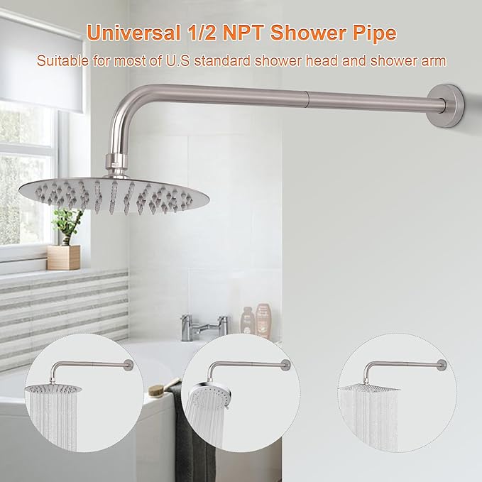 HarJue Shower Arm with Flange and Teflon Tape, Wall Mounted Shower Pipe 304 Stainless Steel Extension Arm for Fixed Shower Head & Handheld (24 Inch, Brushed Nickel)
