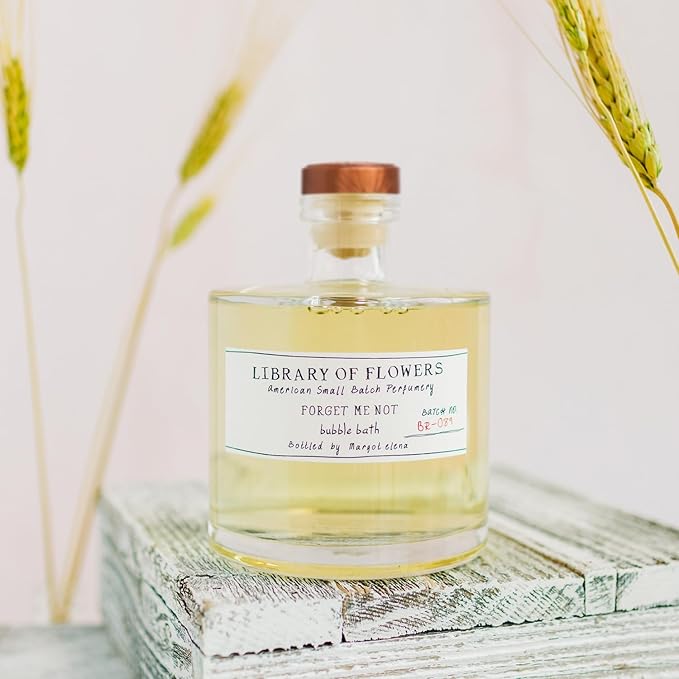 Library of Flowers Forget Me Not Bubble Bath, 17 fl. oz., Osmanthus, Rice Powder & White Orchid, Skin Hydrating & Deep Moisturizing, Avocado Oil & Green Tea, Relaxing Scented Bubbling Bath Soap