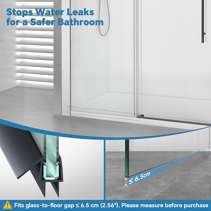 Shower Door Bottom Seal Strip, 2PCS Seal Strip, Clear PVC, 36" Length, Fits 6mm Thick Glass, Prevents Leaks, Easy Installation, No Adhesive Required (Black, 36in for 1/4"(6mm) Door)