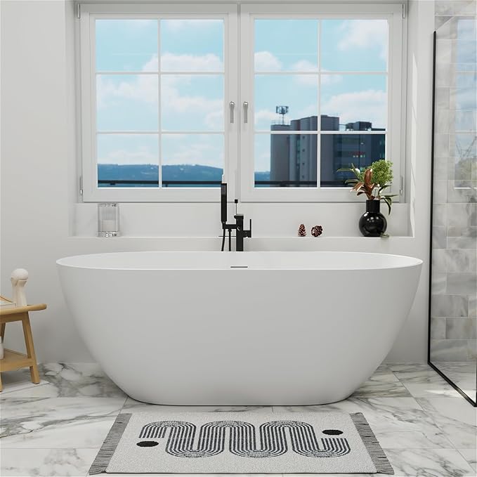 GIVINGTREE 59'' Freestanding Solid Surface Resin Stone Bathtub, Contemporary Design Stand Alone Tub with Pop-up Drain and Overflow, cUPC Certified, Matte White