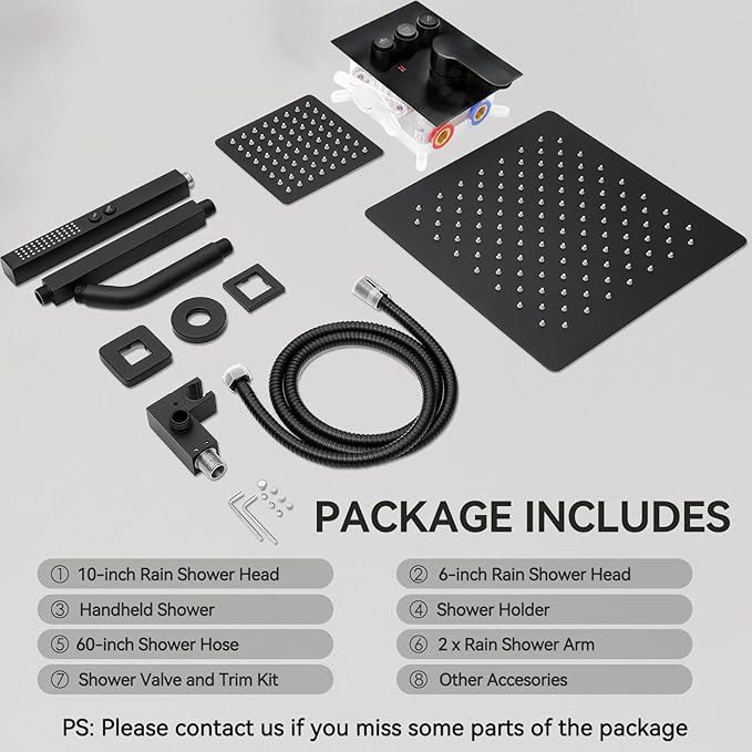 Shower Faucet Sets Shower System, 2 Head Shower System Rain Showerhead for Two People, Ceiling Mount Shower Fixtures with On Off Button Valve Body and Trim Kit Complete, 10+6" Matte Black