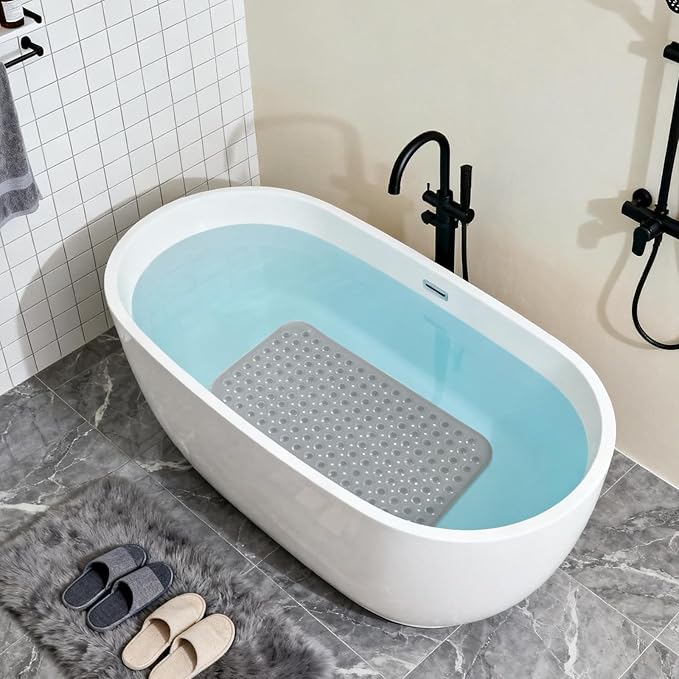 Anti-Slip Bathtub Shower mat, 27.5×14.5（Approximately 70×37cm） inch Soft Oversized Machine Washable Non-Slip Bathtub mat with Drainage Holes, Bathroom Floor Suction Cup.（1-Clear Gray）