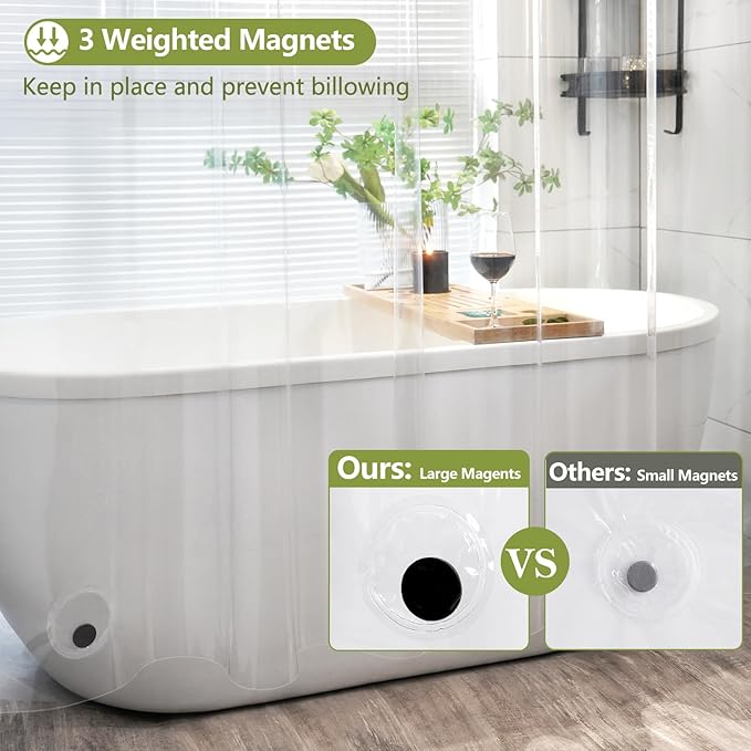 75 inch Long Clear Shower Curtain with 3 Large Magnets, Waterproof PEVA 8G Plastic Shower Curtain Liner Weighted, 72'' x 75'' Long Transparent Shower Liner Bpa-Free for Bathroom