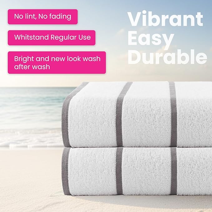 CASA COPENHAGEN Cabana Pool 2 Pieces Large Bath Sheet Set 70" x 35", 550 GSM, Designed in Denmark, Made of Soft Egyptian Cotton for Bathroom, Beach & Shower - White Grey Stripe