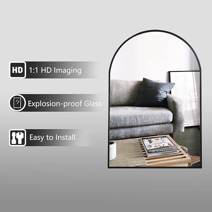HARRITPURE Wall Mounted Mirror Arch Mirror for Bathroom,Vanity Mirror Aluminum Alloy Metal Frame Home Decor for Bathroom Bedroom Living Room Entryway (Black-2Pcs, 20“*30”)