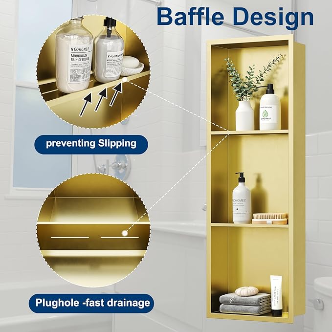 Neodrain Stainless Steel Shower Niche, NO Tile Needed Recessed Shelf for Bathroom Storage, 3-Tier Recessed Built-in Wall Niche（12X36Inch，Gold）