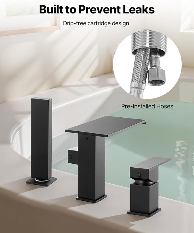 VEVOR Roman Tub Faucet, 3 Hole Waterfall Bathtub Faucet, Roman Bathtub Faucets Set with Shower Head & 1 Handle, Deck Mount Bath Tub Faucets Set for Pet Washing, Baby Care, Adult Bathing, Matte Black