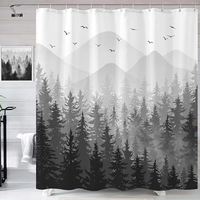 Aipon Black Misty Forest Shower Curtain Gray Ombre Nature Tree Plants Shower Curtains Fabric Waterproof Mountain Shower Curtain Sets for Bathroom Bath Decor with 12 Hooks (Black, 72'' × 72'')