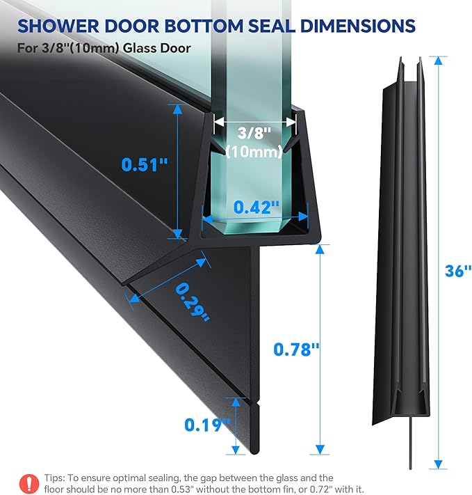 2-Pack Frameless Shower Door Bottom Seal (3/8" X 36") Clear Glass Seal Strip Shower Door Sweep - Stop Shower Leaks, Black