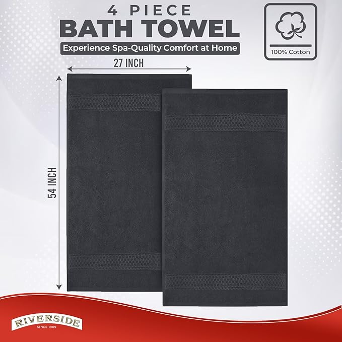 RIVERSIDE 100% Ring Spun Cotton Large Bath Towels Set of 4, 27 x 54 – Quick Dry, Soft & Highly Absorbent Towels for Shower & Bathroom – Luxury 600 GSM Towels for Home, Spa, Gym, Hotel, Charcoal