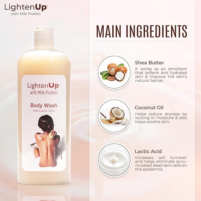 Lighten-Up LightenUp Lactic Acid Body Wash - 33.8 Fl oz / 1000 ml - Exfoliating Shower Gel, with Shea Butter and Coconut Oil, For All Skin Types