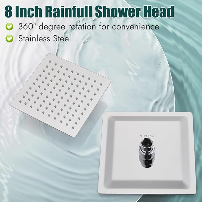 Heyalan 8 Inch Shower Head and Handle Set Square Shower Faucet Set Bathroom Rainfall Shower System Stainless Steel Showerhead Single Function Shower Trim Kit,Female Thread Valve,Polished Chrome