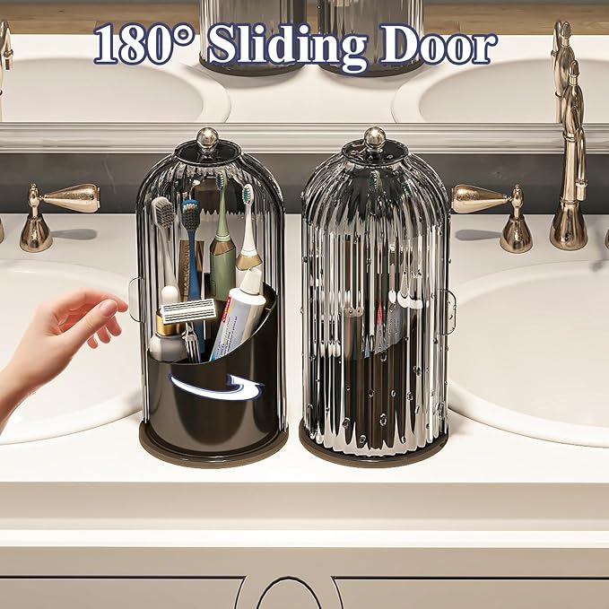 Dustproof Toothbrush Holders with Cover, Rotating Electric Toothbrush and Toothpaste Holder for Bathroom Countertop, 3 Slots Makeup Brushes Organizer, Grey Black