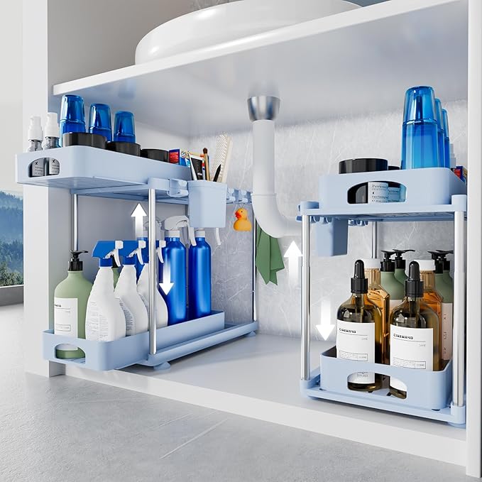 VERIFOST Under Sink Organizer (2 Pack), 2 Tier Under Sink Organizer, Adjustable Height Cabinet Organizer and Storage, in Blue