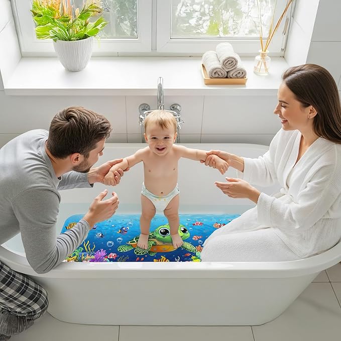Upgrade Cartoon Baby Bath Mat Non Slip - 40"x16" Extra Long Bathtub Mat for Baby Eco Friendly Durable Bath Mat for Tub Non Slip Kids Tub Mat with Suction Cups, Machine Washable and No Fading, Turtle
